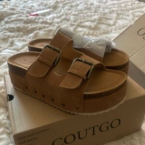 Tan Platform Slide Sandals with Buckle Straps